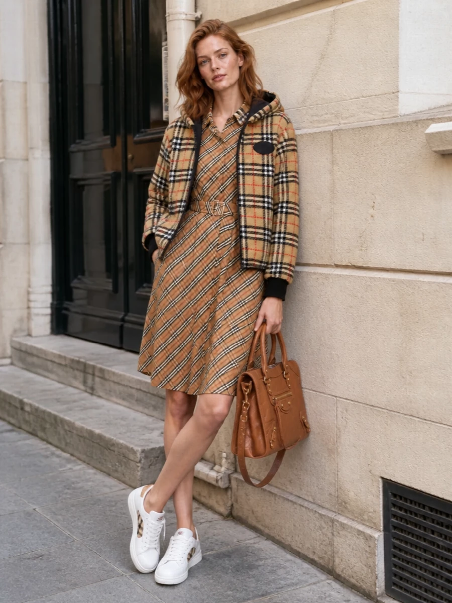 This look leans into Burberry heritage while staying sharply city-ready: the faux-shearling hooded bomber tops a belted check shirt dress, so the checks converse rather than clash, and the silhouettes remain clean and easy. White leather sneakers keep it fresh and sporty-luxury, while the tan Balenciaga satchel introduces a different, but tonally harmonious, leather note that grounds all the pattern and texture in a quietly expensive way. Choosing the dress route over top-and-bottom avoids an overload of checks and delivers a more streamlined, travel-ready uniform under the cocooning jacket.