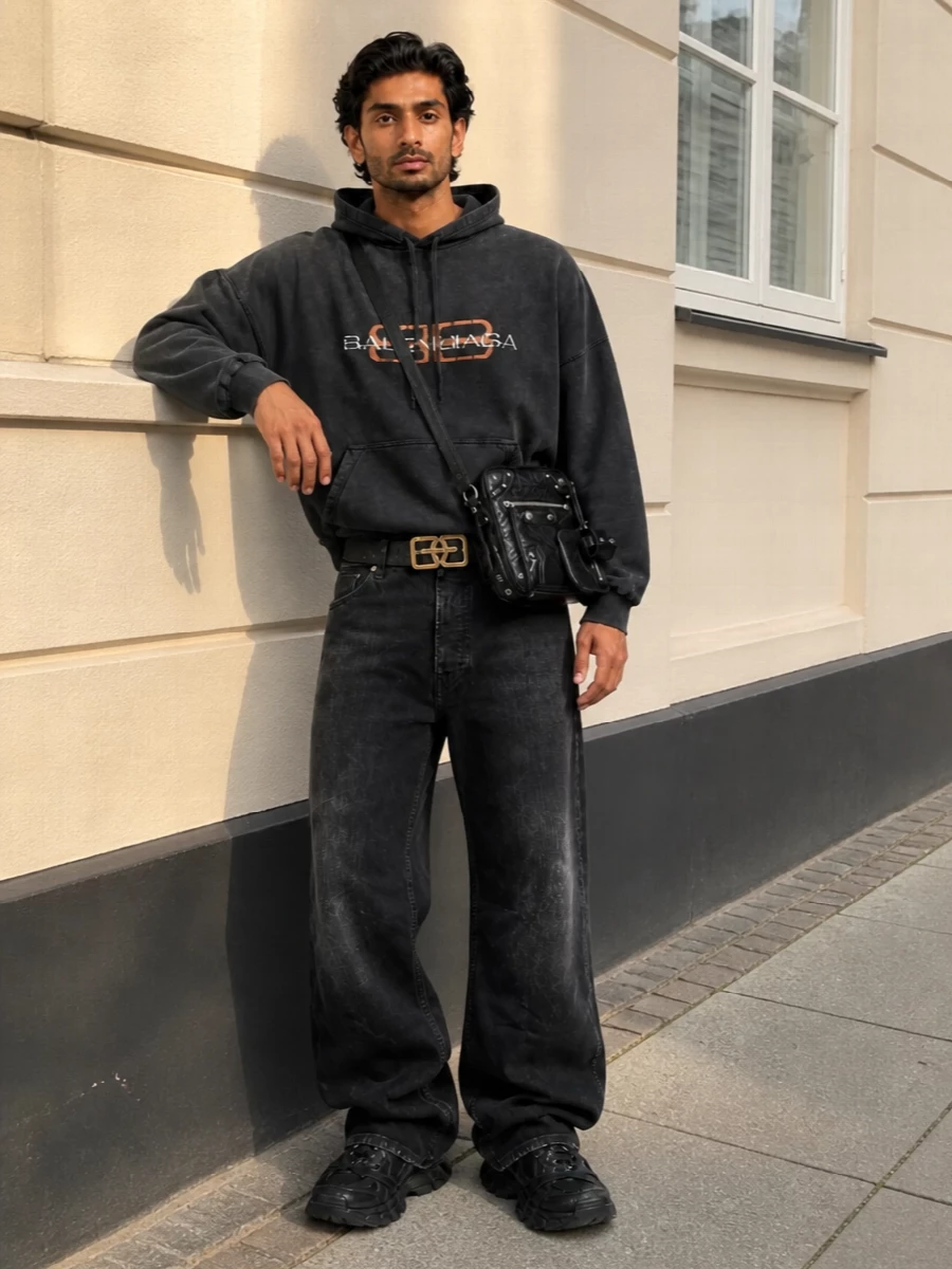 Balenciaga charcoal hoodie loose black jeans outfit