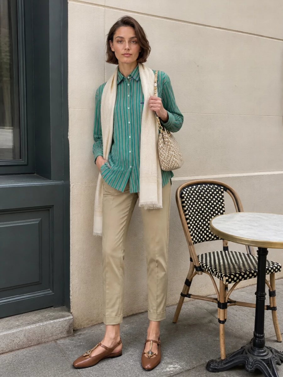 Etro green striped shirt beige cropped trousers