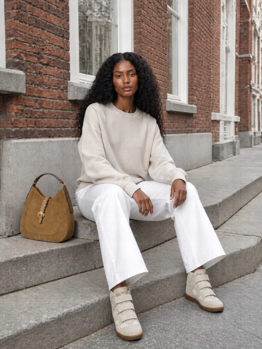 Isabel marant wedge sneakers beige sweatshirt white jeans