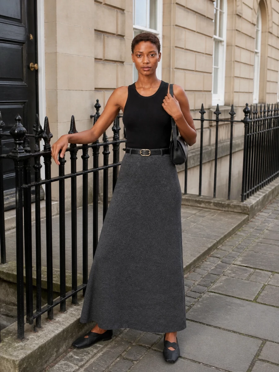 Lisa yang black tank grey knit maxi outfit