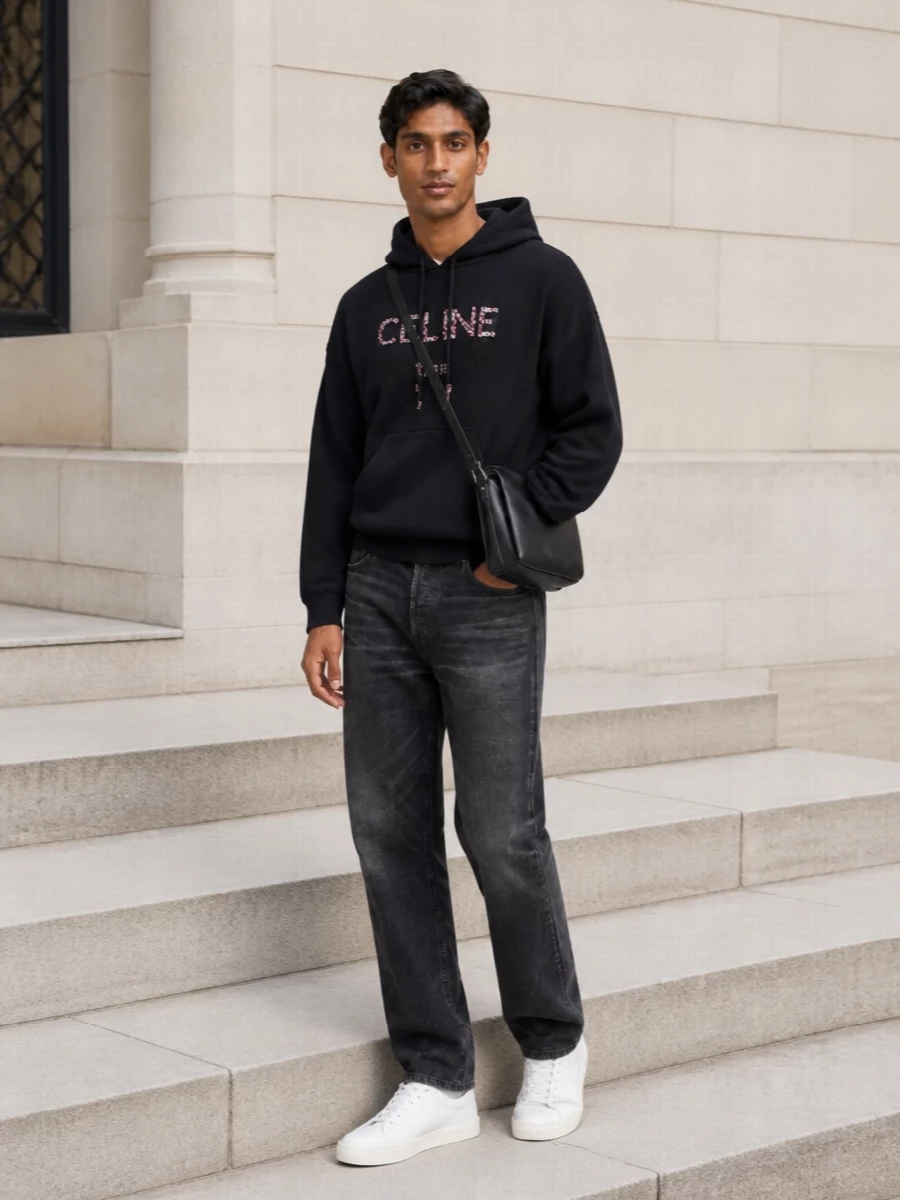 Celine navy hoodie dark jeans white sneakers