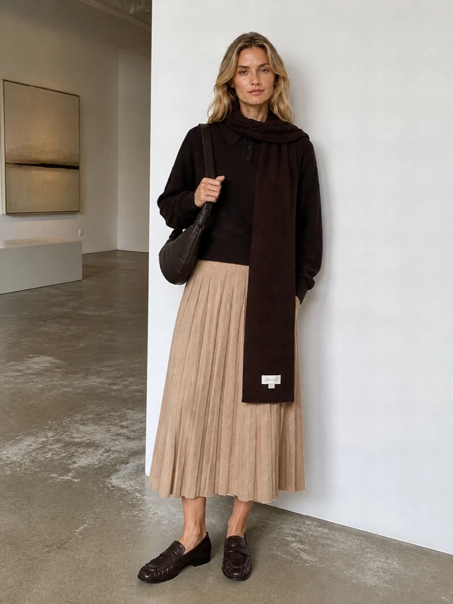 Lisa yang sweater camel midi skirt prada loafers