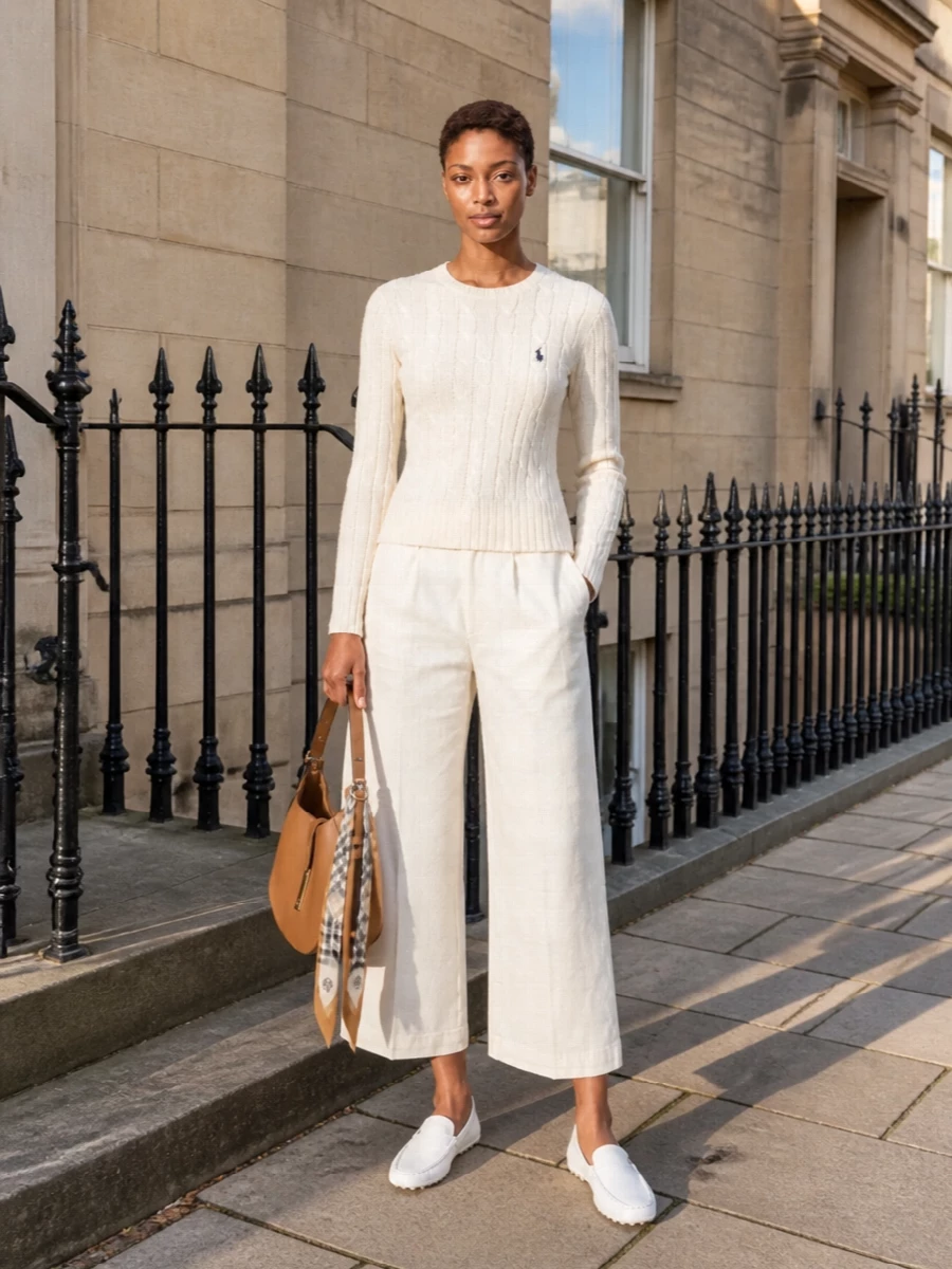 An ivory-on-ivory pairing of cable knit and cropped wide-leg trousers sets a clean, nautical foundation, punctuated only by the discreet navy pony at the chest. White driving loafers keep the line light at the ankle, while a camel hobo and slim Burberry twilly introduce just enough warm leather and check to make the outfit feel quietly coastal yet city-ready. It is an easy, polished option for spring days when you want comfort, structure and subtle branding in equal measure.