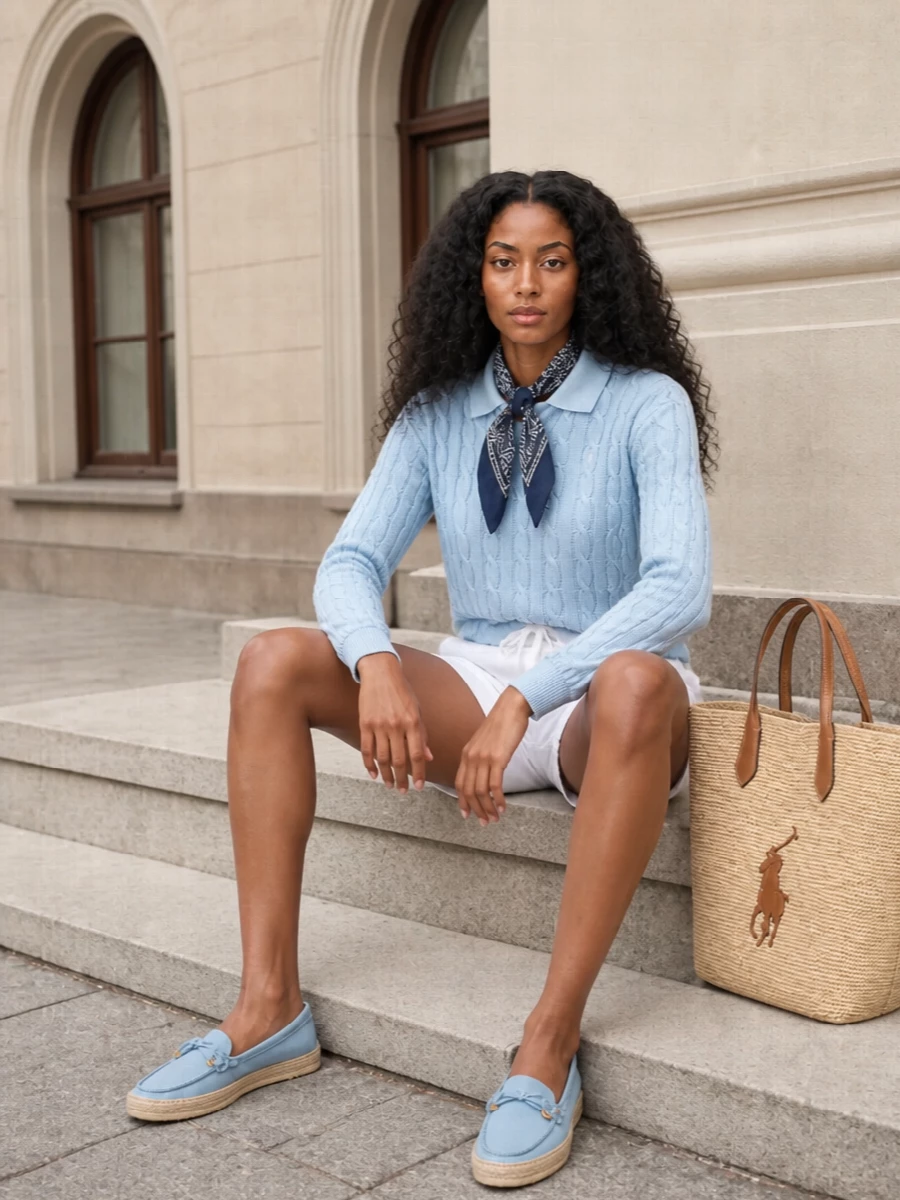 Soft sky blue and clean white keep this Polo moment light, collegiate and quietly polished. Tailored-leaning pull-on shorts and espadrille loafers strike the line between off-duty ease and considered dressing, while the straw tote and bandana nod to relaxed coastal days without losing refinement.