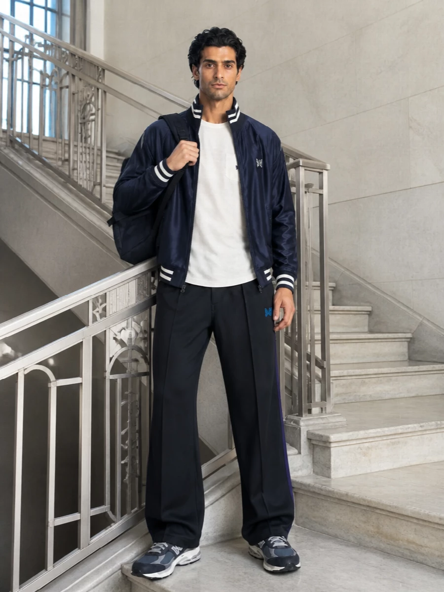 Needles track jacket new balance sneakers outfit