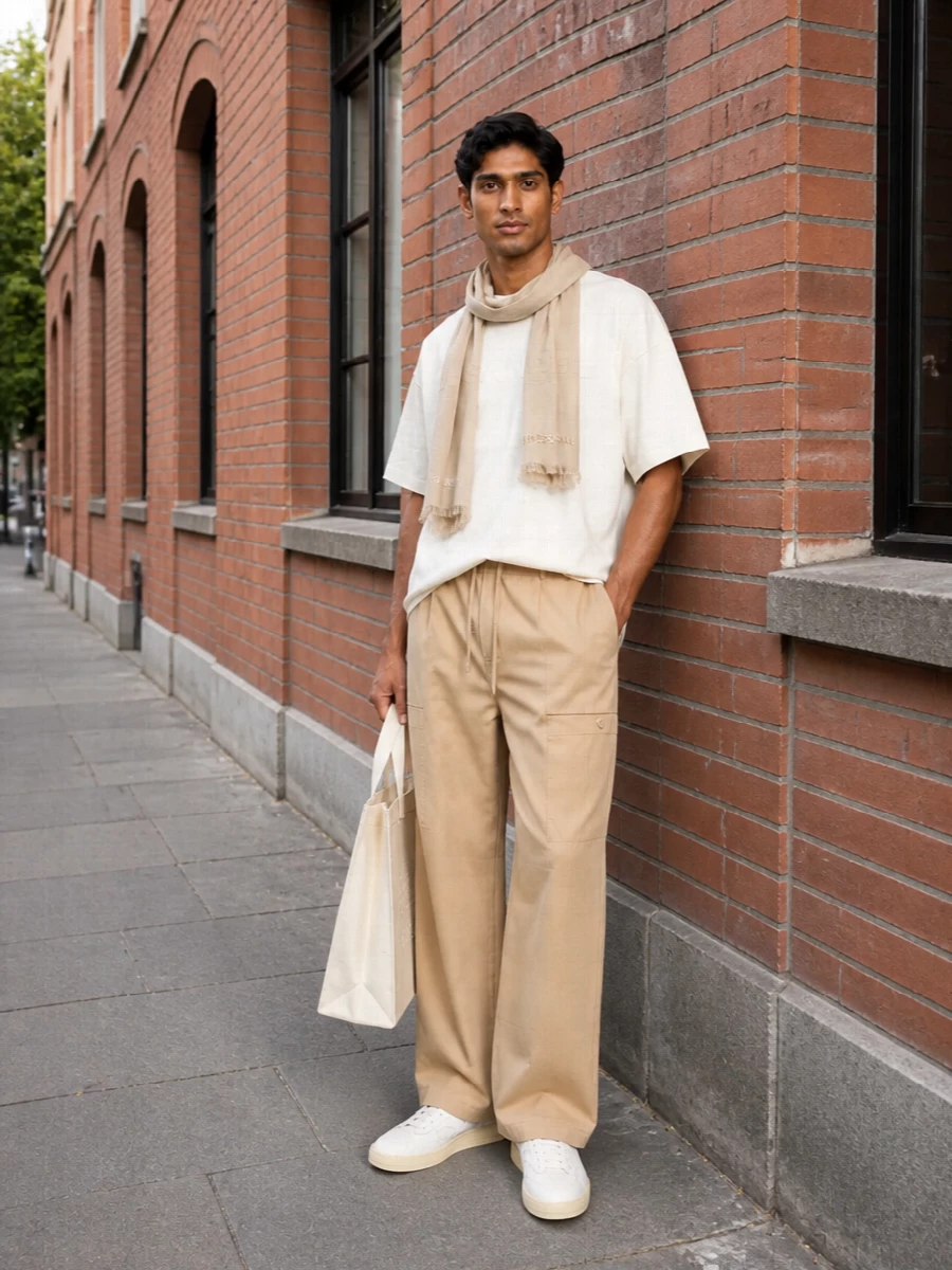 Jil sander ivory tee sand cargo trousers