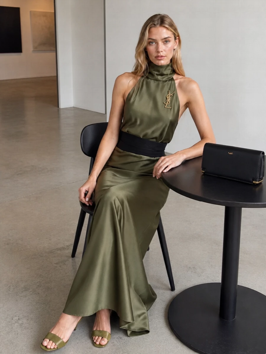 Olive satin does the quiet work here, cut into a long, fluid halter column that barely skims the body. Tonal Roger Vivier mules keep the leg uninterrupted, while a sharp black Alaïa clutch and optional sculpted cummerbund belt introduce just enough structure and warm-metal detail for modern evening dressing without disturbing the gown’s calm surface.