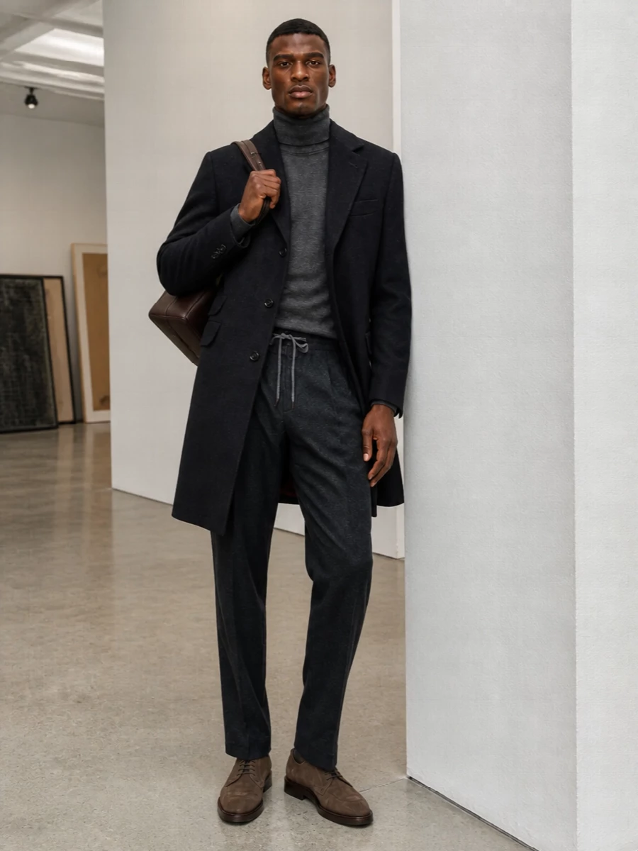 Brunello cucinelli charcoal coat turtleneck trousers