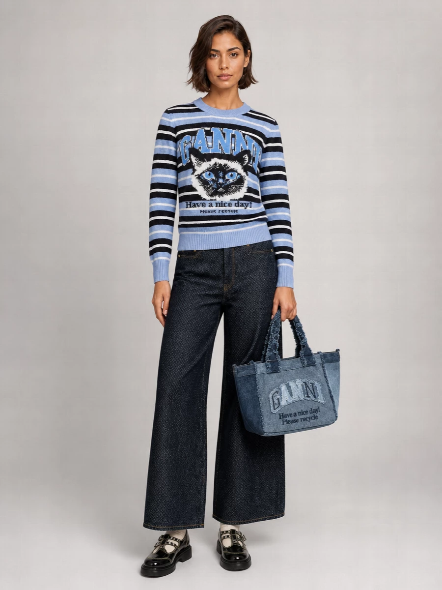 Ganni Wool Graphic Jacquard Striped Crewneck Sweater