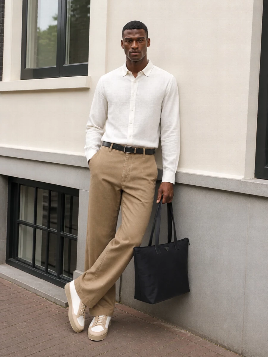 Emporio armani camel trousers ivory shirt outfit