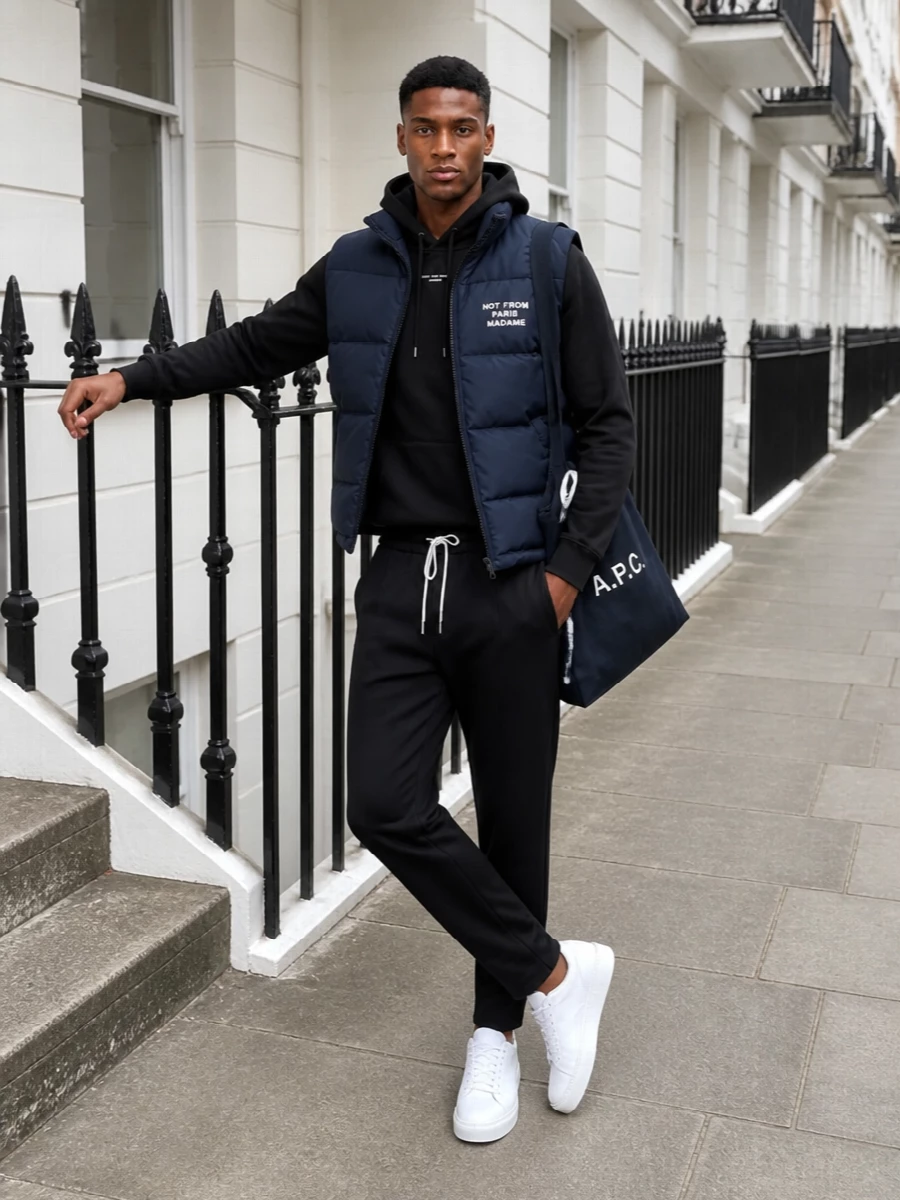 Navy Drôle De Monsieur layers sit over matching tapered joggers for a cohesive, logo-driven street set that still feels considered. Clean white Axel Arigato sneakers and a navy A.P.C. tote keep the palette quiet and urban, adding just enough polish for coffee runs, travel days, or low-key nights out. The proportions stay relaxed on top and neater through the leg, so the padded gilet reads intentional rather than bulky.
