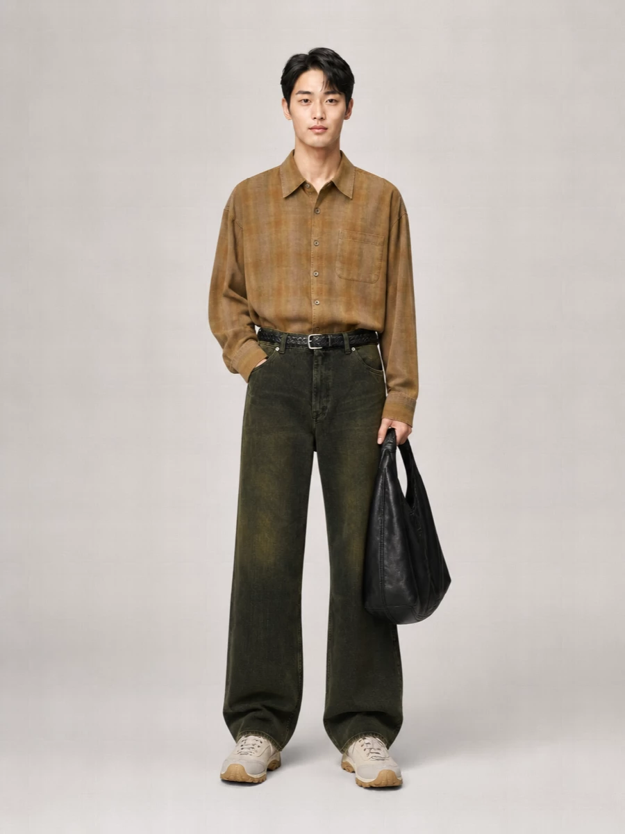 Washed olive-black denim sets a loose, graphic base, sharpened by the softly sun-faded tobacco shirt for an earthy, low-key palette. Pale trail-inspired sneakers keep the mood relaxed and contemporary, breaking up the darkness without feeling loud. A slouchy black hobo and braided belt finish the mix with quiet, utilitarian polish that feels considered but easy for long city days.