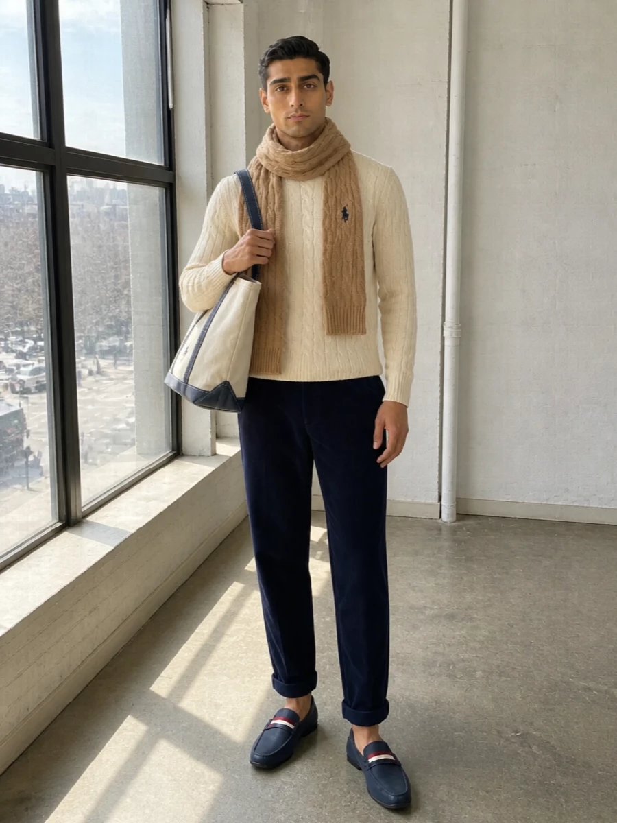 Buttercream cable knit over navy corduroy chinos creates a classic campus palette that feels calm and quietly assured. Navy leather driving loafers keep the line clean and smart, while the canvas tote and camel scarf introduce just enough texture for everyday city wear.