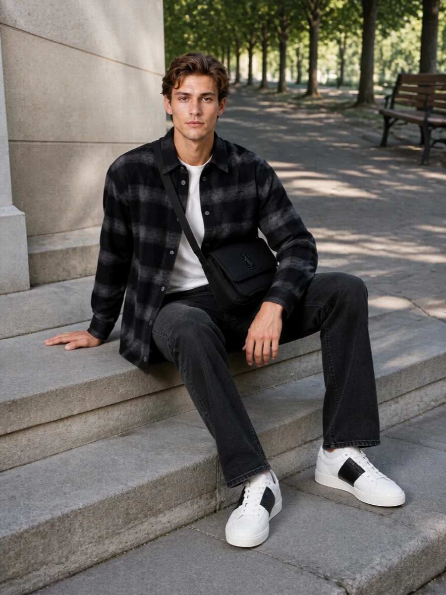 Off-White’s charcoal overshirt is grounded with Fear Of God’s washed-black straight-leg trouser for a dark, clean base that balances street attitude with a quietly preppy line. Valentino’s monochrome sneakers pick up the check’s contrast without shouting, while the Saint Laurent crossbody adds a sharp, low-key finish for city days and casual nights. It is an easy uniform that feels graphic, controlled and very modern.
