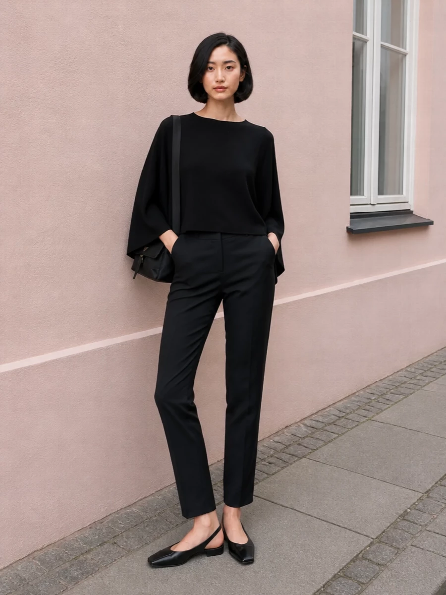This outfit leans into an all-black, quiet-luxury uniform, pairing a cropped, sculptural Max Mara knit with high-rise straight-leg tailoring for a long, assured line. The Prada shoulder bag slots in as a functional yet discreet accent, its structured shape echoing the clean cut of the trousers. Mm6’s square-toe slingbacks keep everything grounded and modern, polished enough for meetings yet relaxed for late city dinners, which is why the top and trouser path feels more versatile and aligned with the bag’s utility character than any dress option here.