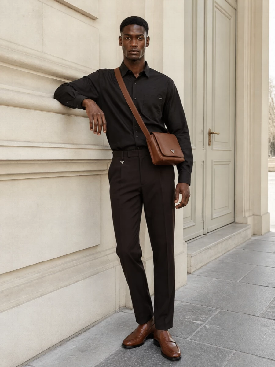 Prada brown shirt trouser outfit tan loafers