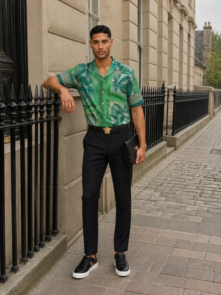 Versace green camp shirt black tailored trousers