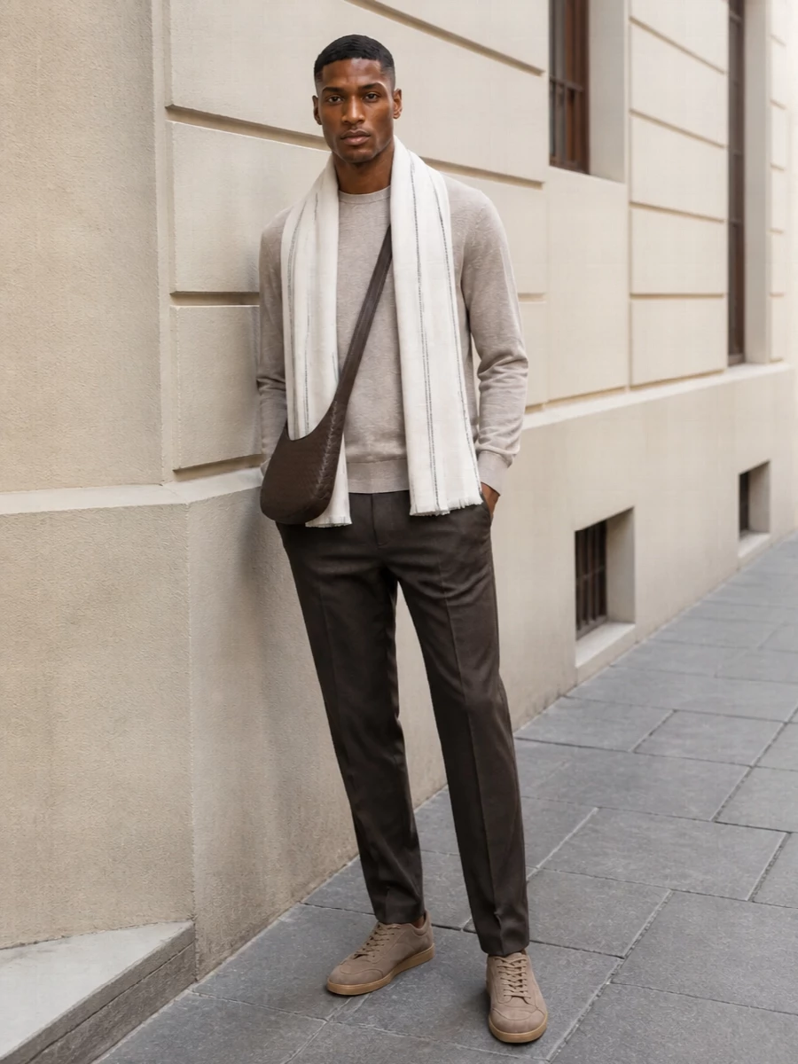 Zegna beige sweater charcoal trousers outfit