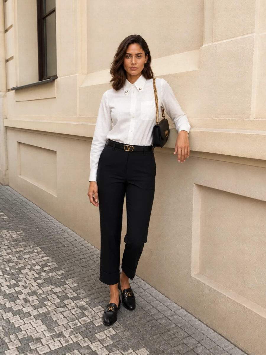 Valentino black cropped trousers white shirt outfit