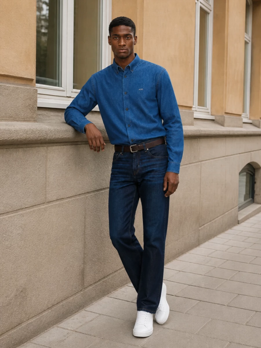 Apc denim shirt outfit dark jeans adidas