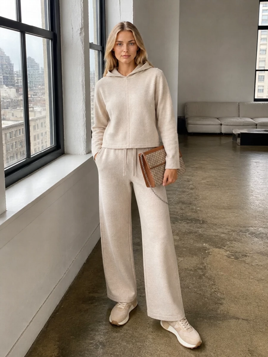 Max mara beige hoodie wide leg knit outfit