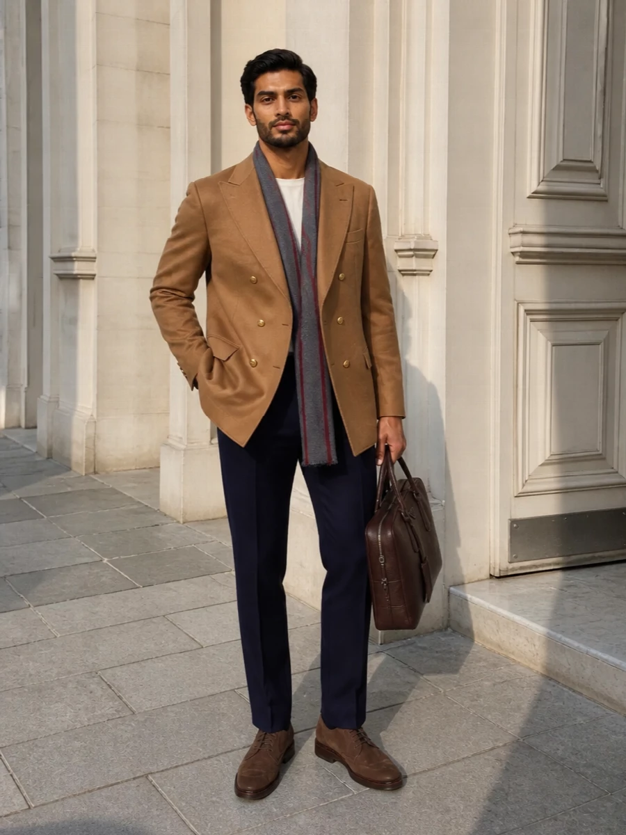 Brunello cucinelli camel blazer navy trousers