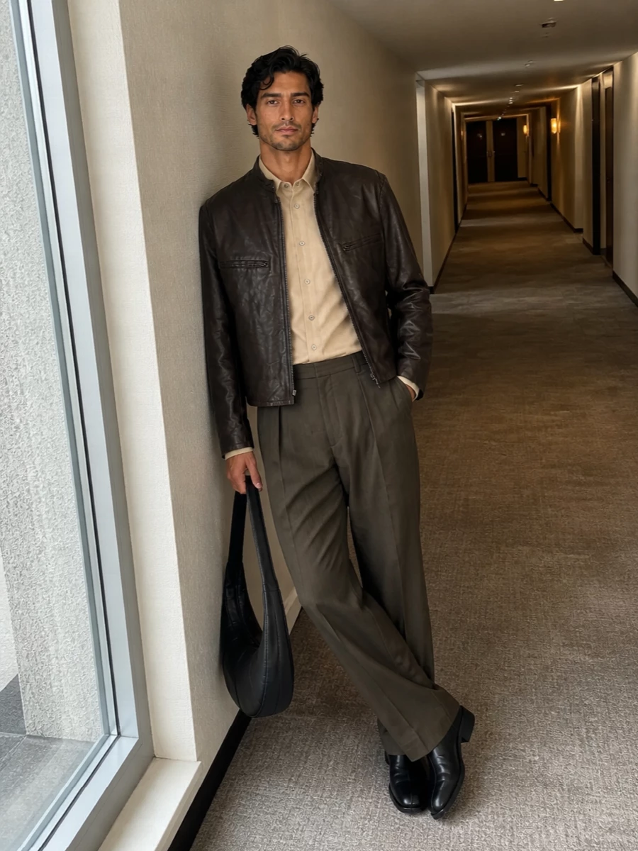 Lemaire leather jacket olive trousers outfit
