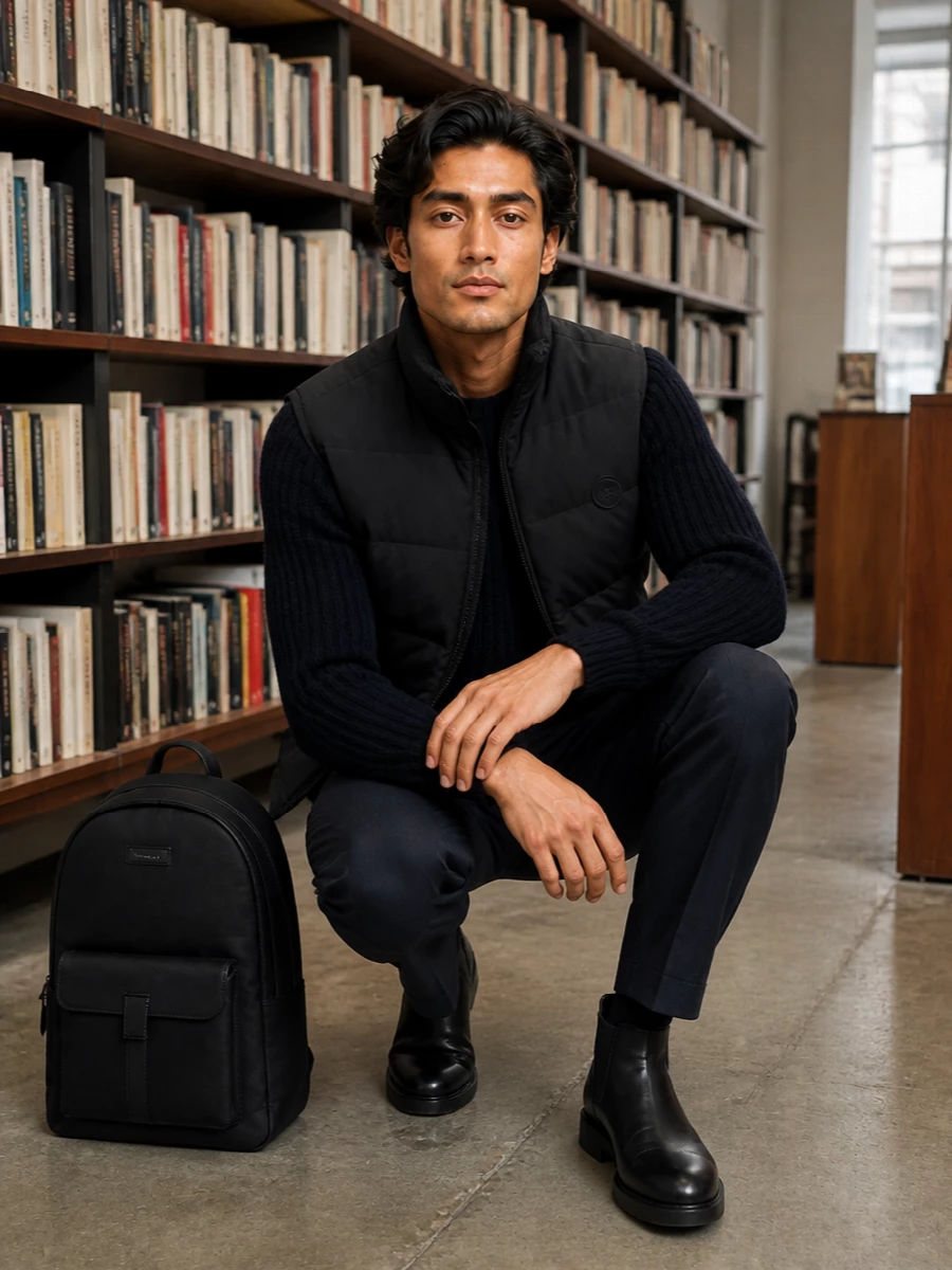 Brioni’s padded gilet sits over a deep navy ribbed knit and tailored drawstring trouser, a precise take on modern city comfort in a charcoal to ink palette. Sleek black Chelsea boots and a structured Brioni backpack finish the outfit with disciplined lines, ideal for travel days or low-key business where refinement still matters.