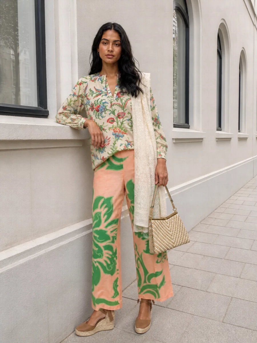 Etro floral wide leg trousers outfit wedges