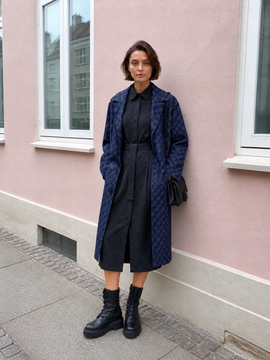 I chose the dress path to keep the Gucci coat as the hero, since layered tailoring on tailoring would feel overworked and bulky. The Thom Browne shirt dress, Moncler lug boots and Balenciaga quilted shoulder bag build a dark, logo-aware city uniform that reads smart and modern, with a quiet streetwear undercurrent. It is the kind of outfit that moves from office to late dinner without needing a change, just a lipstick switch.
