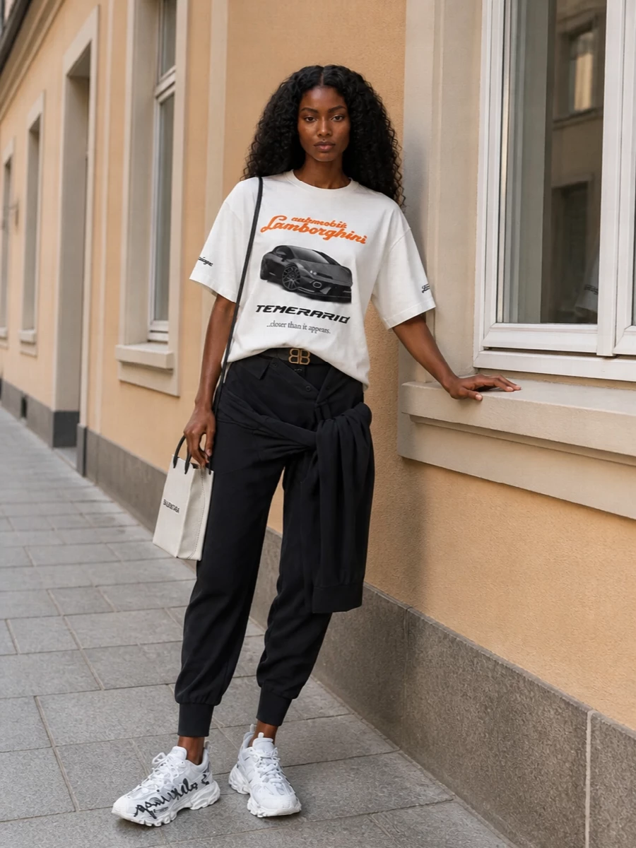 Balenciaga lamborghini tee asymmetric jogger outfit