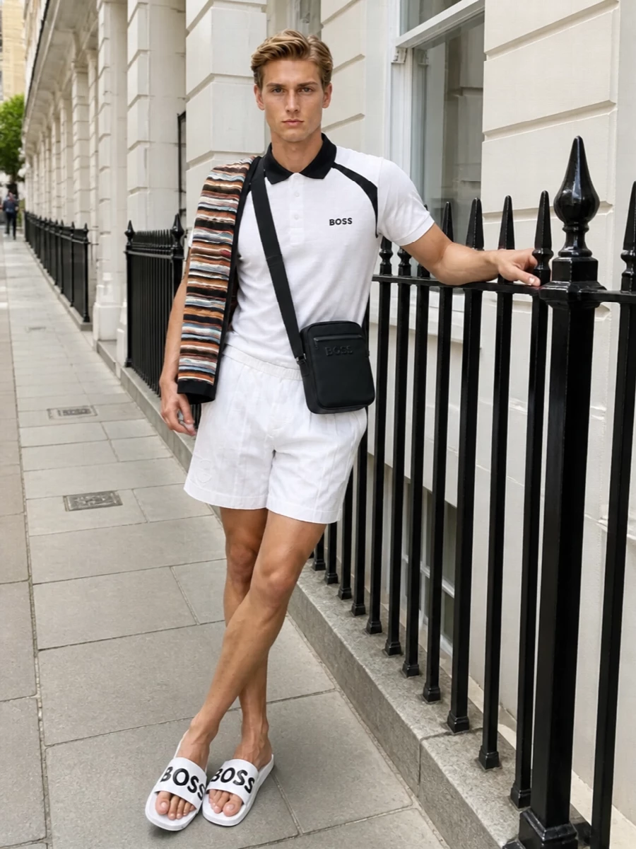 Boss white swim shorts polo slides outfit
