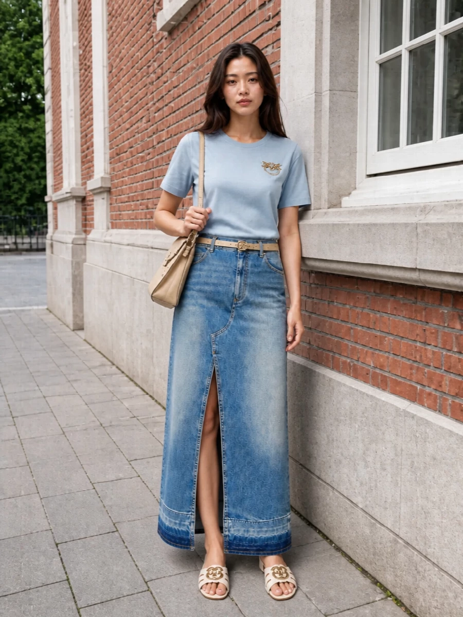 Mid-wash denim and pale ice blue keep this outfit chilled and fresh, with the jeweled tee adding just enough shine. Flat cream slides and a slim nude belt bring soft structure without sacrificing ease, while the beige crossbody keeps everything grounded in warm neutrals. It is an easy city-day uniform that still feels considered from coffee runs to late-afternoon drinks.