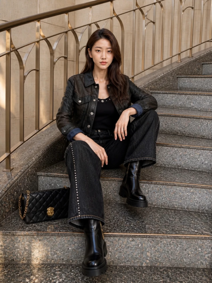 Versace cropped leather jacket black wide leg jeans