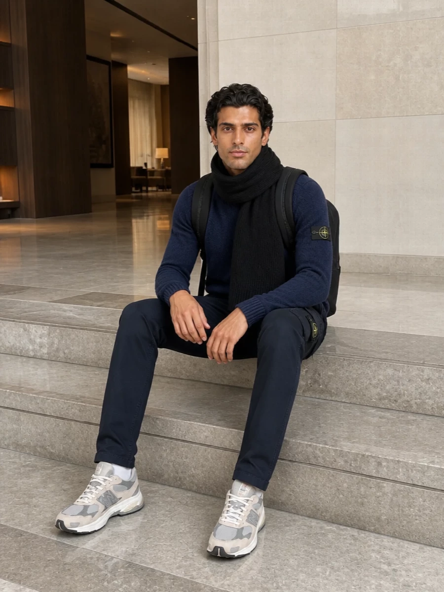 Stone island navy sweater cargo trousers outfit