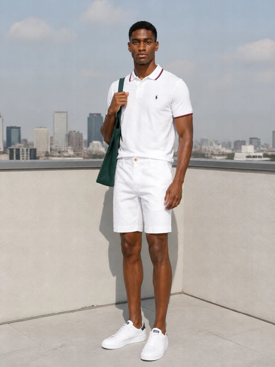 Crisp and preppy, this pairing leans into bright whites and navy touches for a clean, sport-inflected summer outfit. The tailored chino short keeps things slightly sharper than pure loungewear, while the classic court sneakers and branded tote underline that relaxed but put-together Polo mood. Ideal for seaside lunches, city terraces or any warm day where you want polish without stiffness.