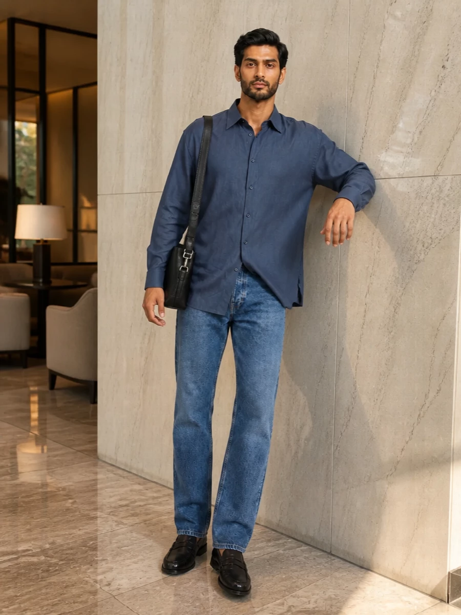 Mid blue straight denim is paired with a relaxed slate shirt for a clean, low-key take on smart casual. Dark brown loafers sharpen the line just enough while staying easy. A slim black shoulder bag keeps the finish quiet and practical for city days and low-key dinners.