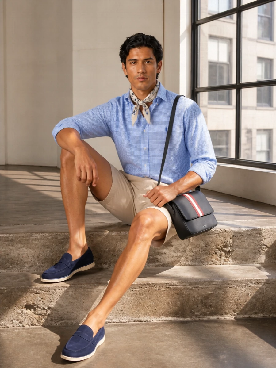 A mid blue gingham shirt meets stone chinos for a fresh, collegiate take on warm weather smart casual. Navy suede loafers tie back to the shirt and sharpen the outline, while a structured crossbody and a cream‑and‑navy scarf keep the finish refined without feeling formal.