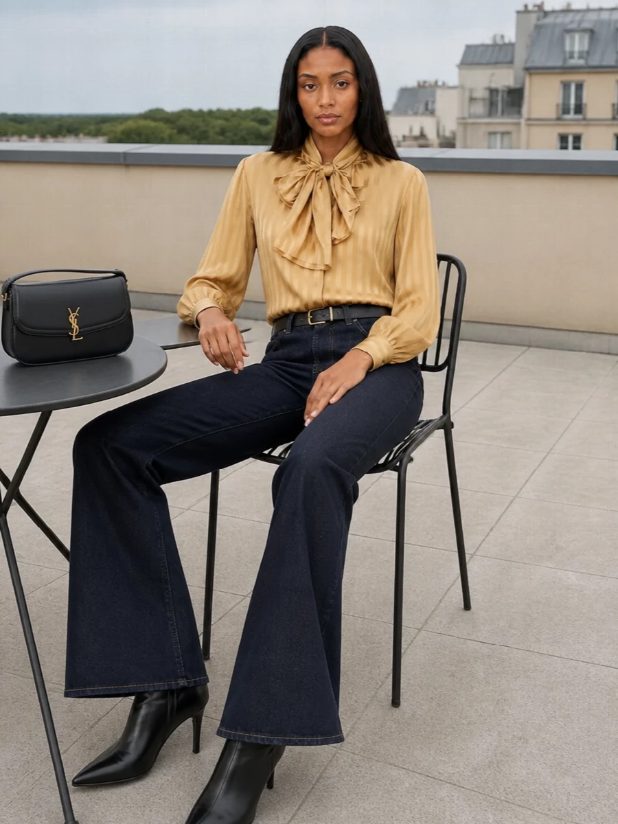 Saint laurent flared jeans pussy bow blouse outfit