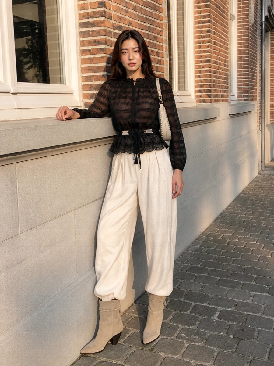 Isabel marant black blouse cream wide leg trousers