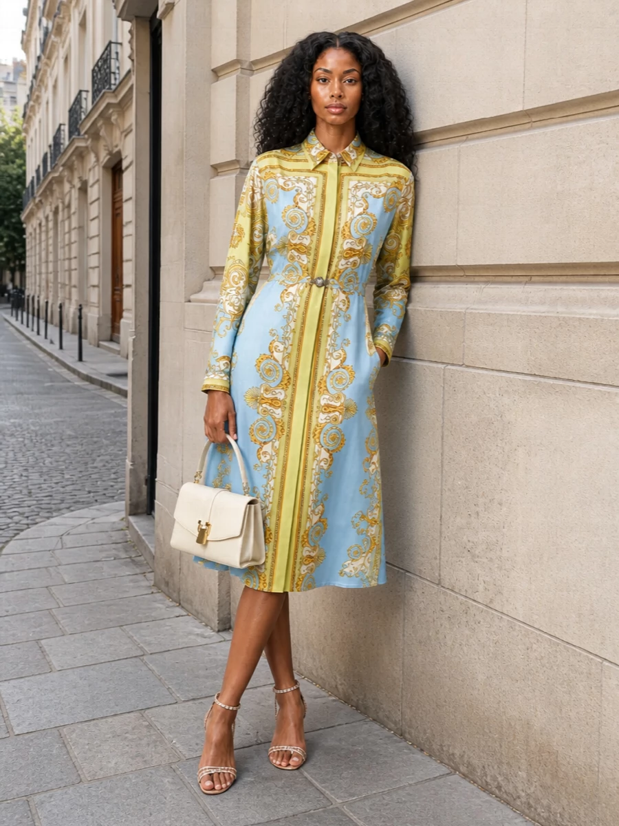 This pairing lets the Versace print do all the talking, with rose-gold crystal sandals echoing the ornate baroque scrolls and an ivory top-handle keeping the palette refined. The proportions stay sleek and leg-lengthening, ideal for summer lunches that stretch into cocktail hours. Romantic yet sharply tailored, it reads unapologetically luxurious without tipping into costume.