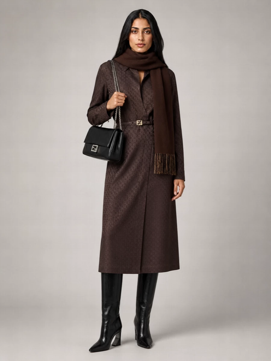 Fendi Silk Jacquard Asymmetric Belted Midi Shirt Dress
