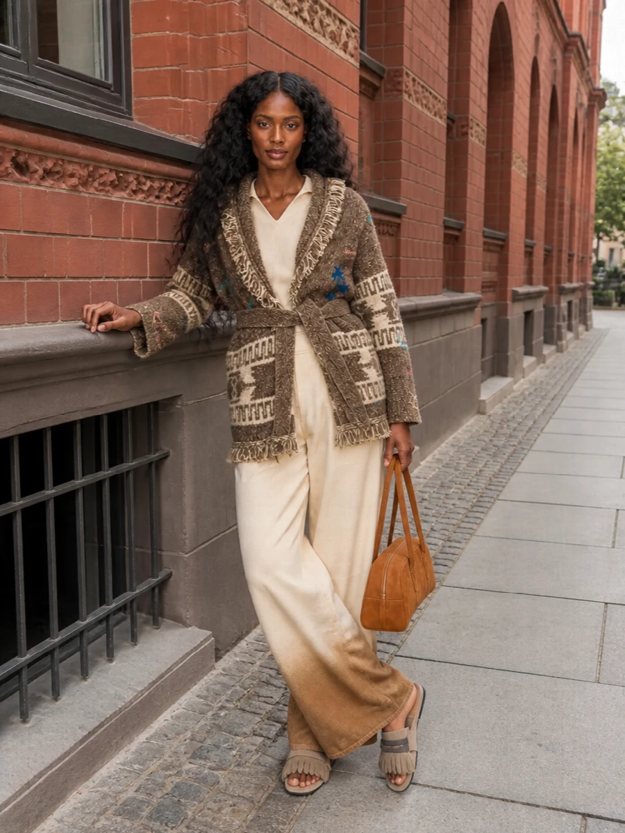 I am anchoring this around separates rather than a dress so the Alanui blanket cardigan stays the hero and the textures can really converse. Wide-leg ombré trousers and a featherlight buttercream knit keep the mood bohemian but quiet, with fringe details repeated subtly in the slides and the coat trim. The caramel suede baguette finishes it with a city-ready note, so it works as easily for weekend galleries as for a long terrace lunch.
