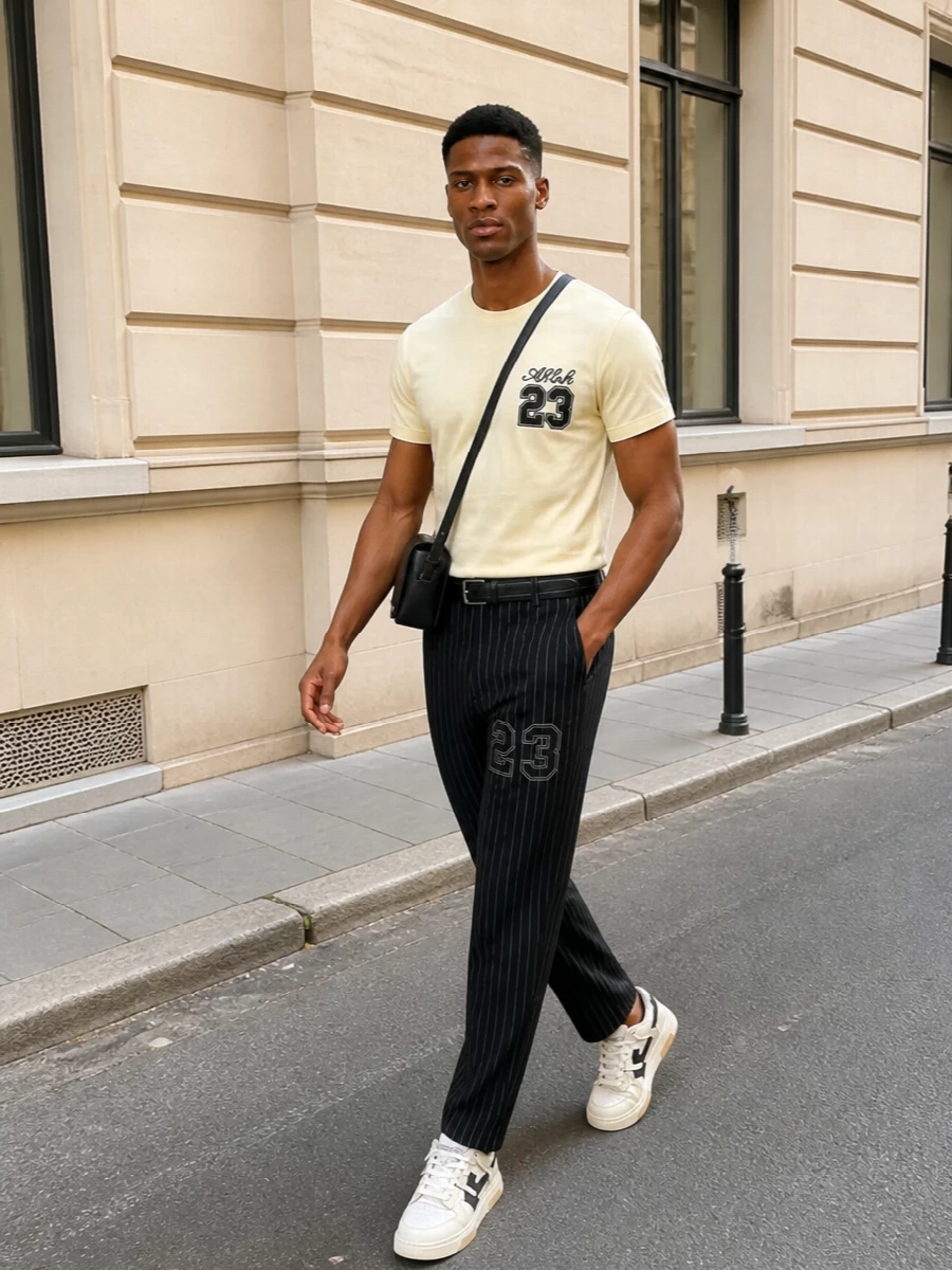 Off white 23 tee pinstripe trousers outfit