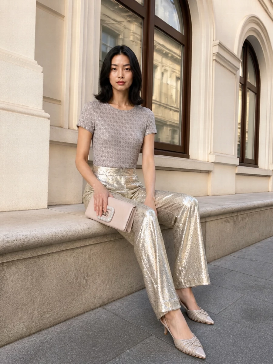 Parosh sequin top alberta ferretti sequin pants outfit