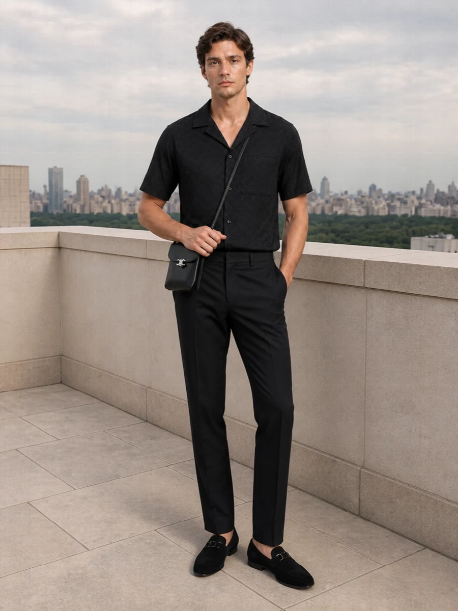 Gucci’s jacquard camp shirt stays in its lane here, framed by sharp charcoal tailoring that keeps the mood sleek and low-key. The straight-leg trouser and suede loafer combination reads modern and precise rather than formal, ideal for night-to-day city dressing. A compact black leather pouch finishes things with just enough hardware to register as designer without challenging the quiet palette.