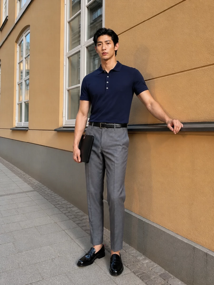 Thom browne navy polo grey tailored trousers
