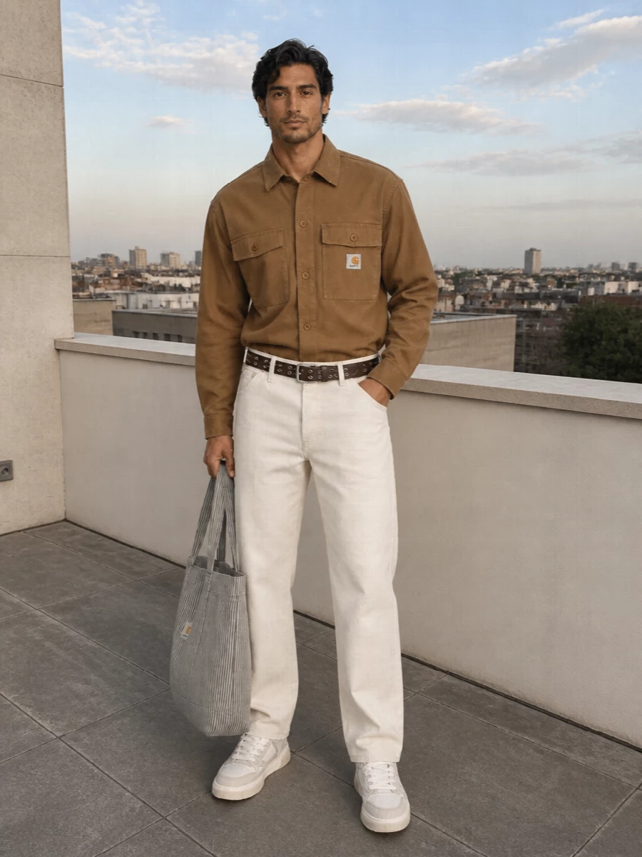 Carhartt workwear outfit neutral sneakers