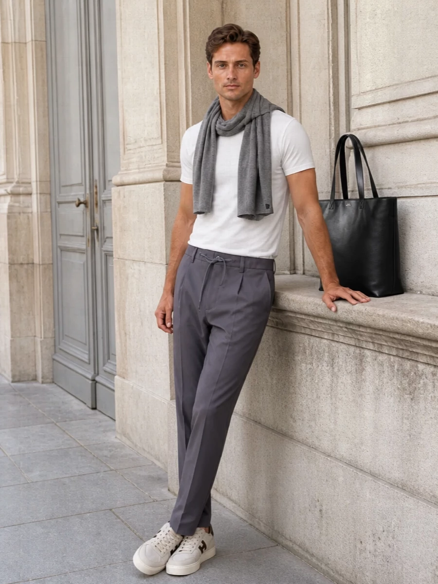 Herno white tee taupe trousers hogan sneakers